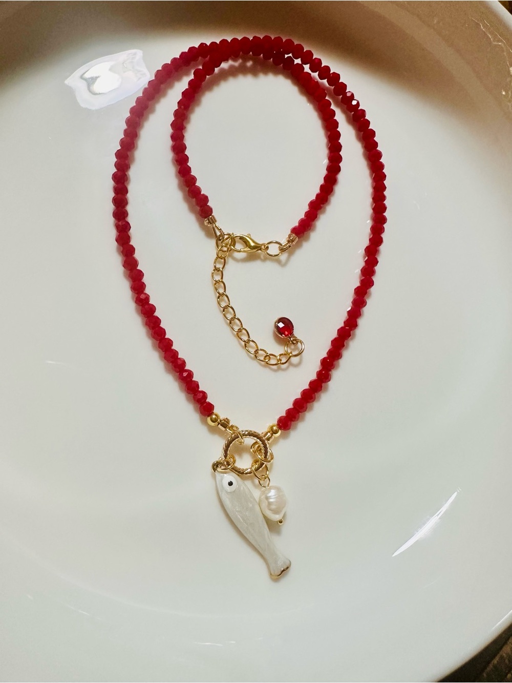 Red Beaded Necklace with White-Gold Fish & Pearl Charms
